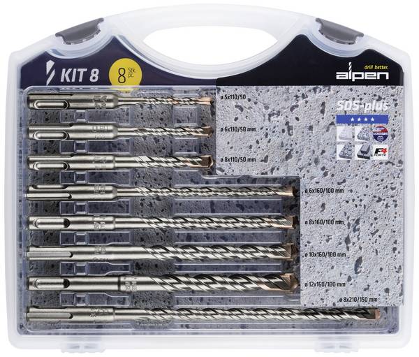 Alpen 80704100100 Hartmetall Hammerbohrer-Set 8teilig 5 mm, 6 mm, 6 mm, 8 mm, 8 mm, 8 mm, 10 mm, 12 mm SDS-Plus 1 Set