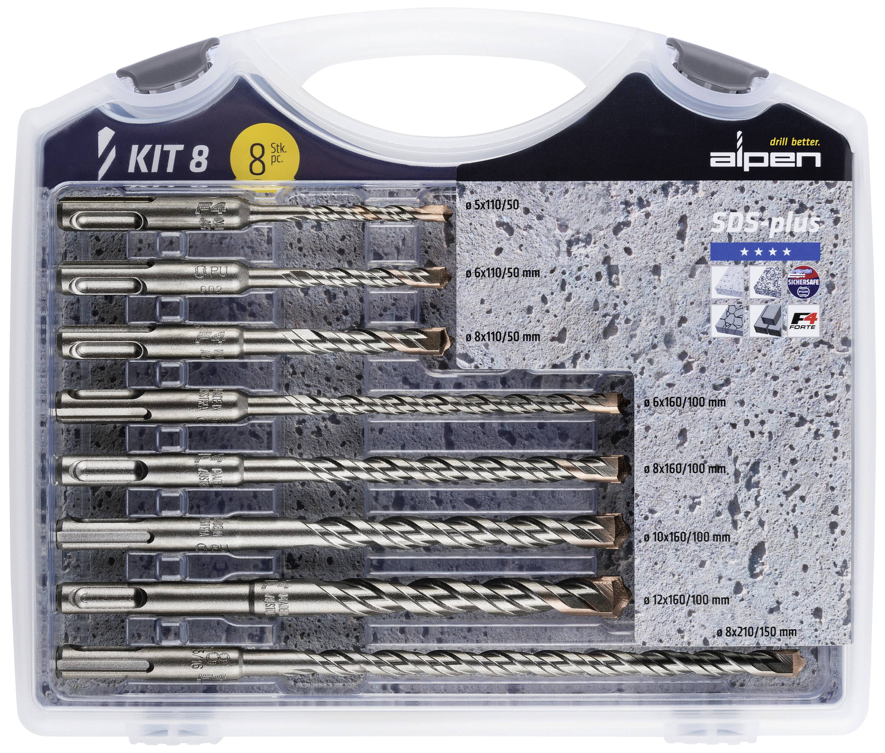 Alpen 80704100100 Carbide Hamerboorset 8-delig 5 mm, 6 mm, 6 mm, 8 mm, 8 mm, 8 mm, 10 mm, 12 mm SDS-Plus 1 set(s) afbeelding