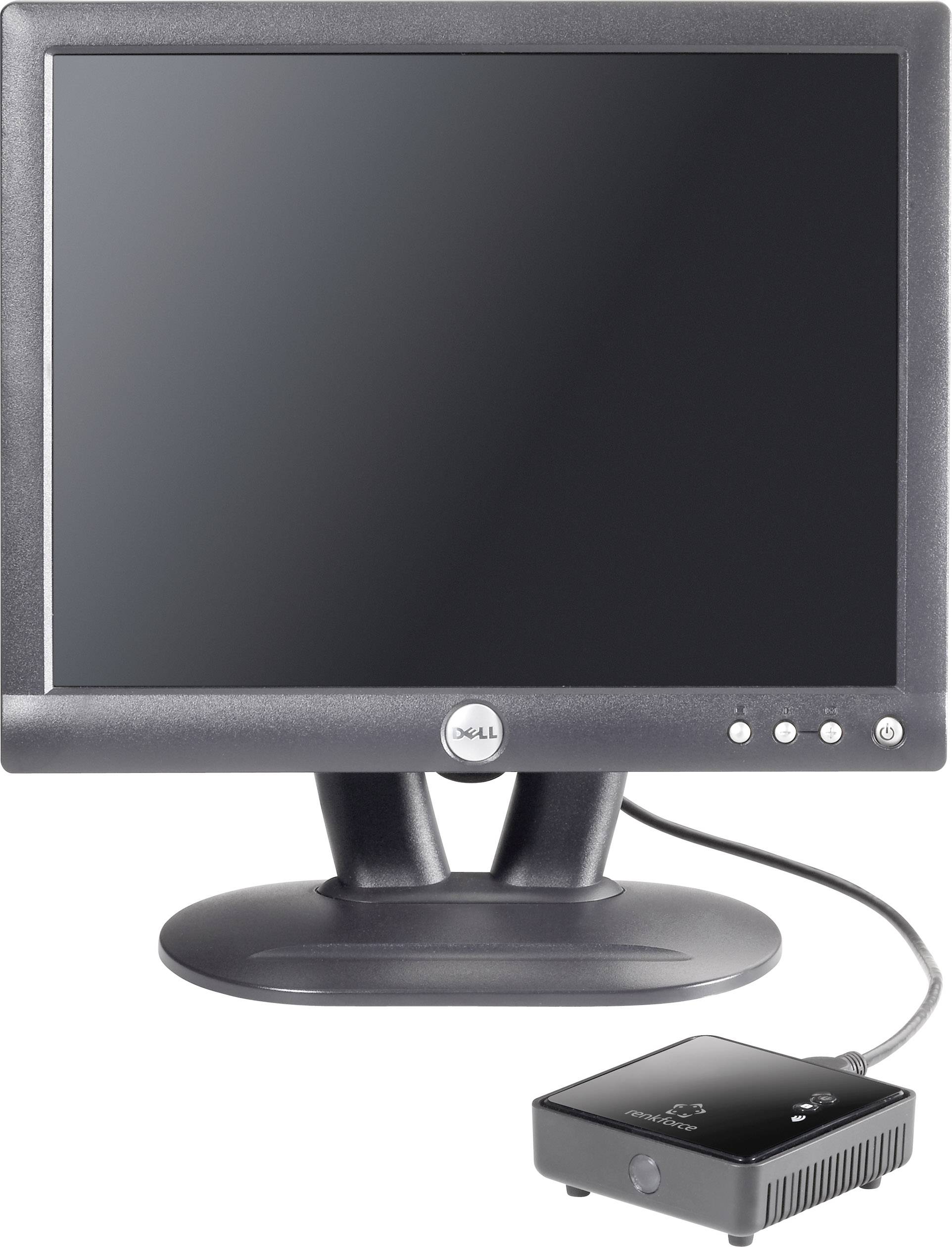 Ein schwarzer Computerbildschirm von Dell verbunden mit einem kleinen, rechteckigen Gerät. Der Monitor ist ausgeschaltet.