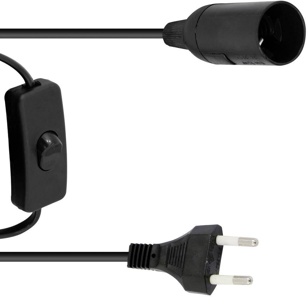 Ein schwarzes Steckdosenkabel mit Steckdose, Kippschalter und zweipoligem Stecker.
