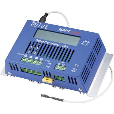 Blauer MPPT-Solarregler mit LCD-Anzeige, zeigt Anschlussklemmen und Symbole für Solar, Akku und Last. Maximaler Strom: 20A.