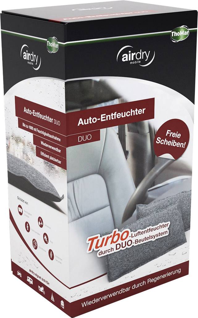 Verpackung eines Auto-Entfeuchters mit Duo-Beutelsystem, schützt Scheiben vor Feuchtigkeit, wiederverwendbar, Markenname oben.