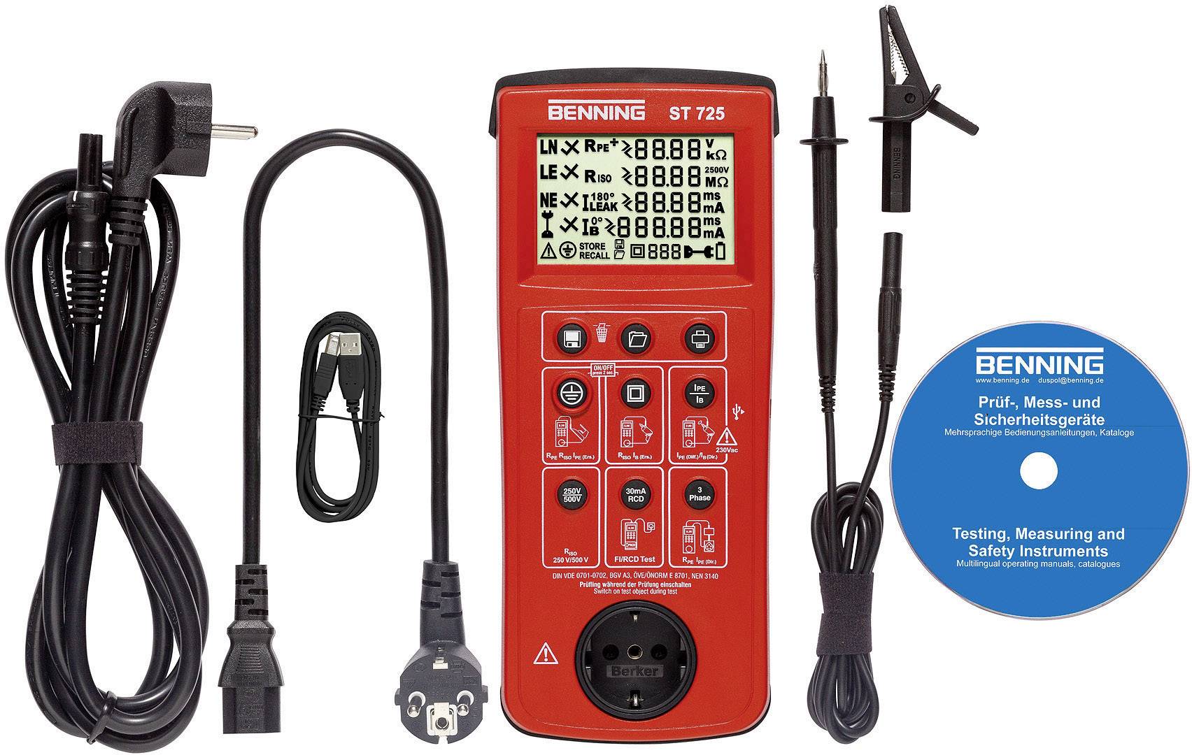 Multimeter Benning ST 725 mit verschiedenen Kabeln und Prüfspitzen. Rechts daneben eine blaue CD mit Beschriftung und Logos.