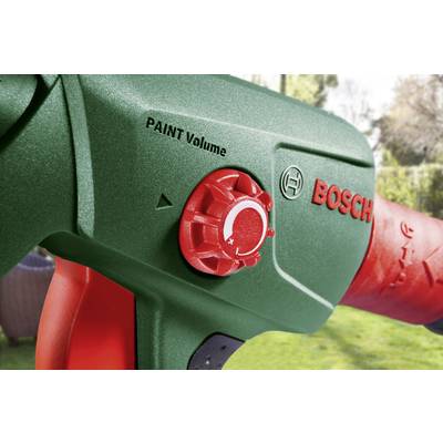 Nahaufnahme eines grünen Bosch-Farbsprühgerätes mit rotem Einstellrad für 'PAINT Volume' zur Steuerung der Farbmenge.