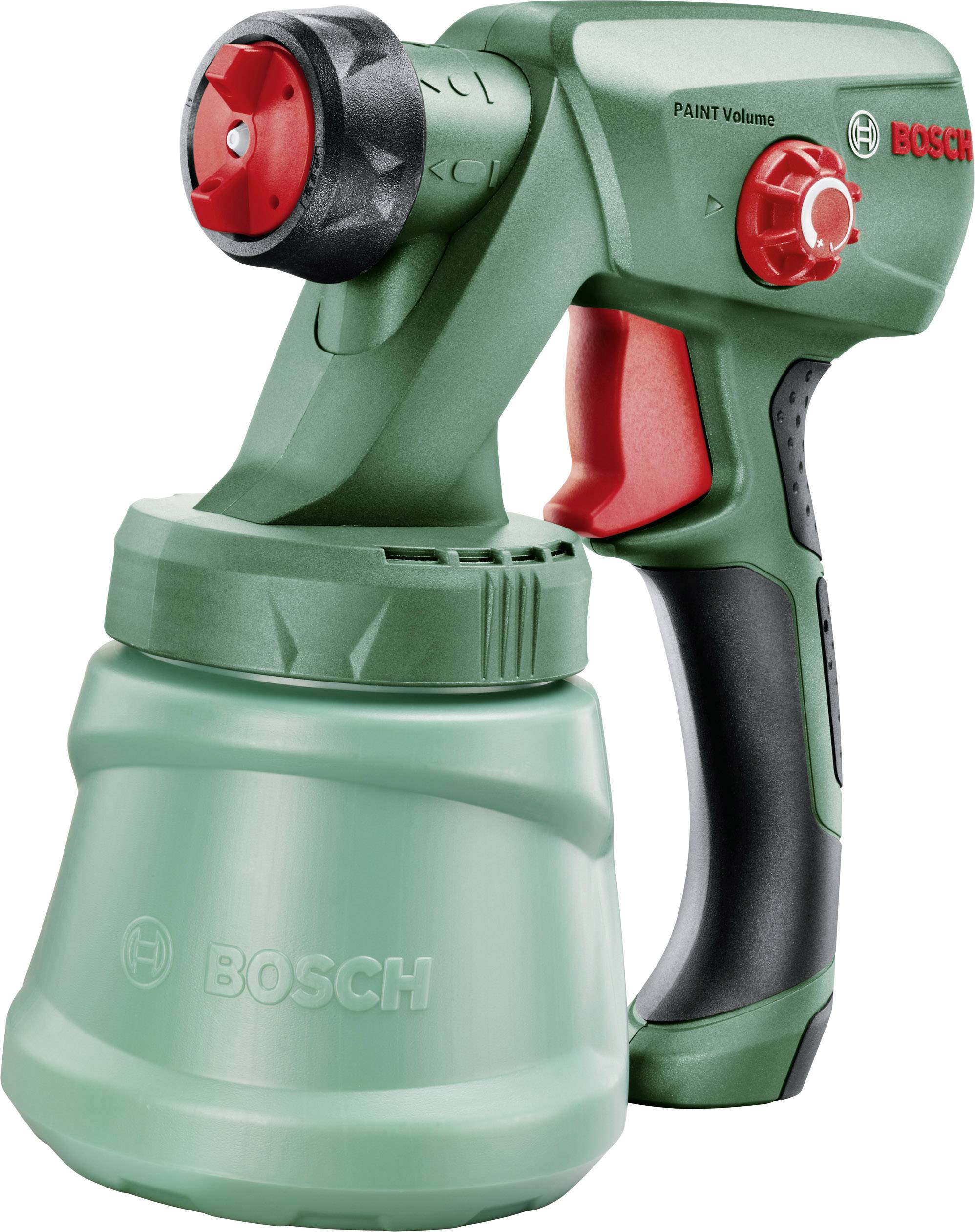 'Bosch Farbsprühsystem' mit grünem Gehäuse, ergonomischem Griff und rotem Einstellrad für die Farbmengenregelung.