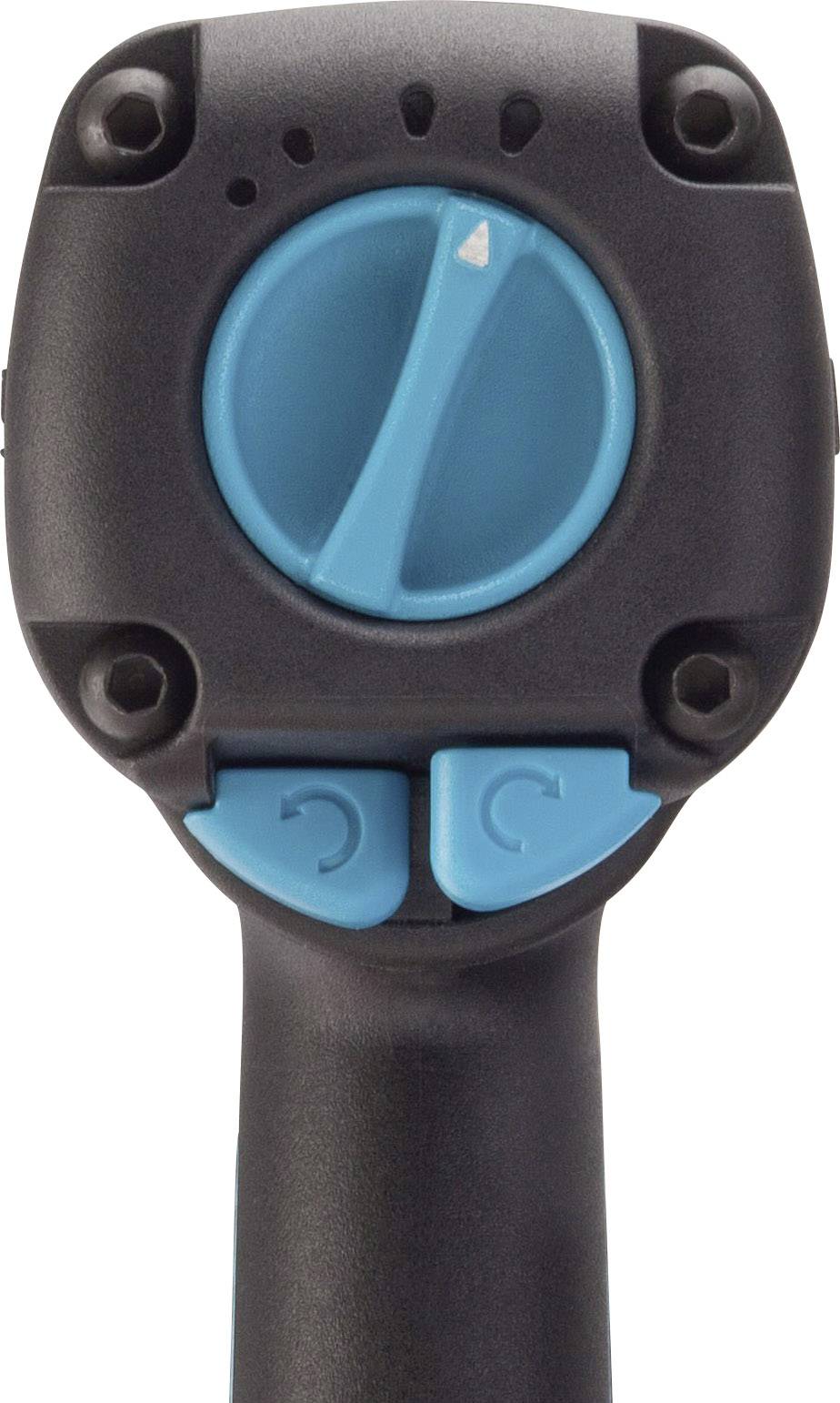 Nahaufnahme eines schwarzen Griffs mit blauem Drehknopf und zwei blauen Richtungstasten darunter.