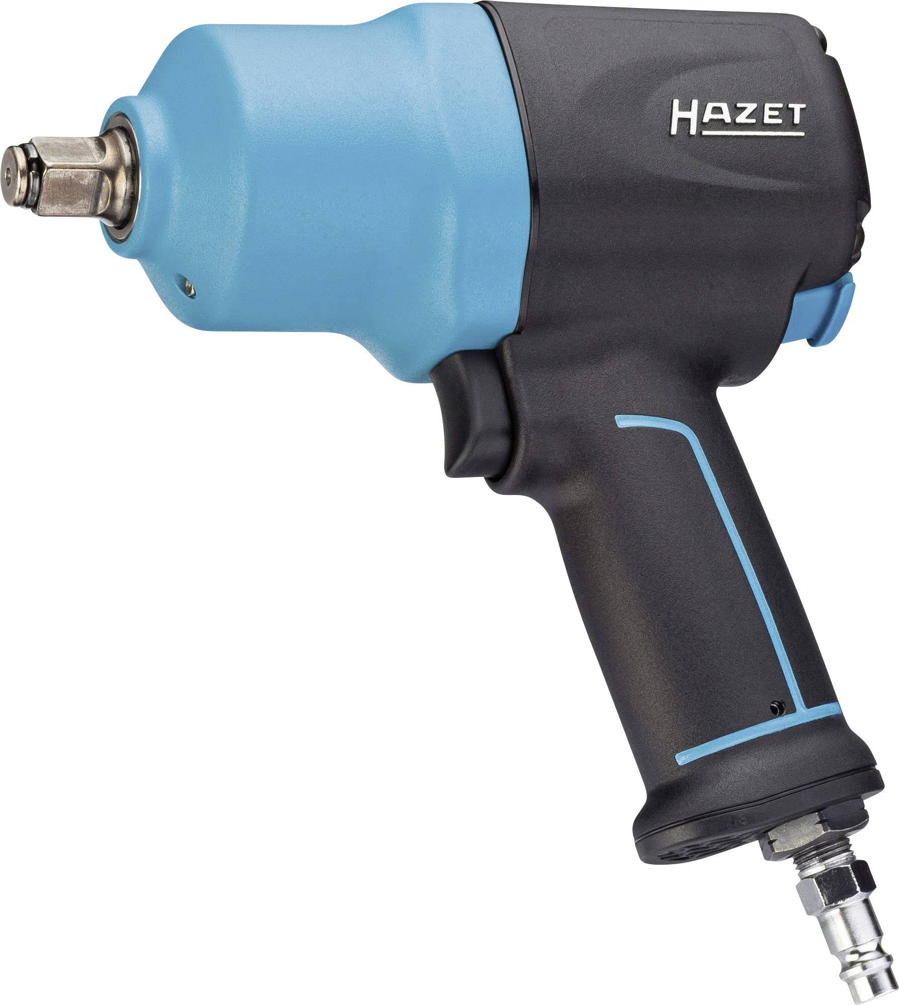 Schlagschrauber der Marke Hazet mit blauem Gehäuse und schwarzem Griff, geeignet für den professionellen Werkstatteinsatz.