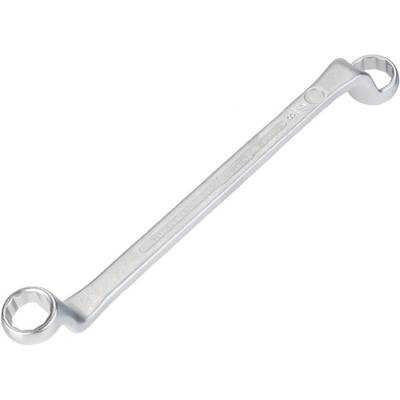 Ein silberner Ringschlüssel mit zwei unterschiedlich großen Sechskant-Enden, aus Metall gefertigt.