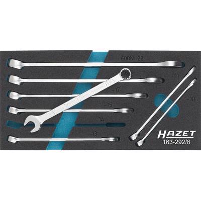 Werkzeugset von Hazet, bestehend aus sieben Doppelringschlüsseln und einem Doppelmaulschlüssel in geformter Schaumstoffeinlage.