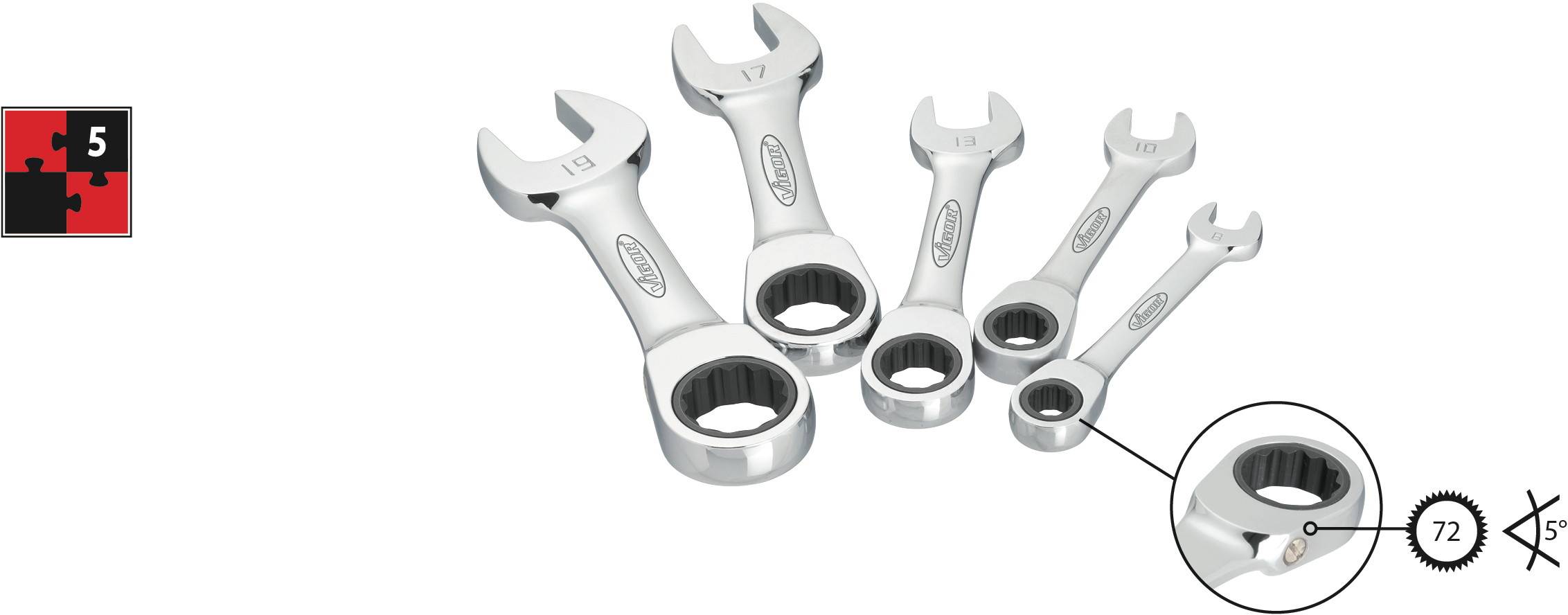 Vigor V2815 Knarren-Ring-Maulschlüssel-Satz 5teilig Schlüsselweite (Metrisch) 8 - 19 mm