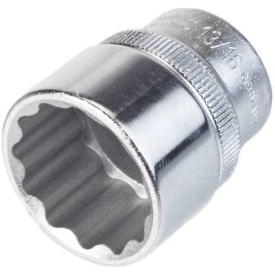 Eine silberne Steckschlüssel-Nuss mit geriffeltem Rand, wahrscheinlich für den Einsatz in der Mechanik oder zum Festziehen von Schrauben.