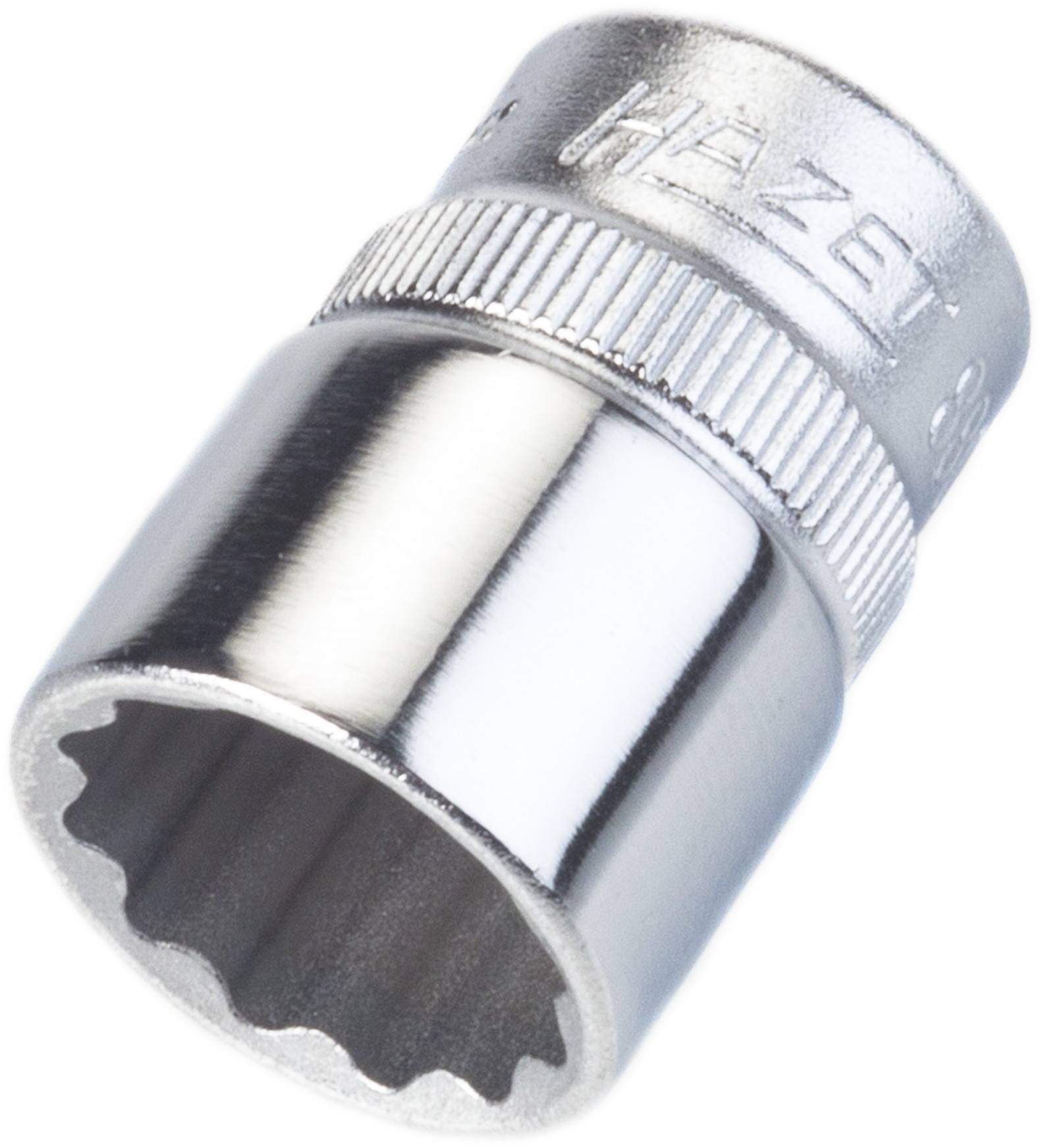 Metallische Stecknuss mit gezahnter Innenseite, glänzende Oberfläche, Aufschrift 'HAZET' erkennbar.