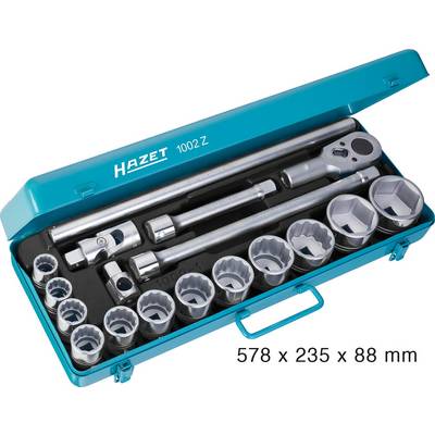 Hazet Steckschlüsselsatz im Koffer mit verschiedenen Nüssen und Werkzeugen. Größe: 578 x 235 x 88 mm. Hauptsächlich Werkzeuge.
