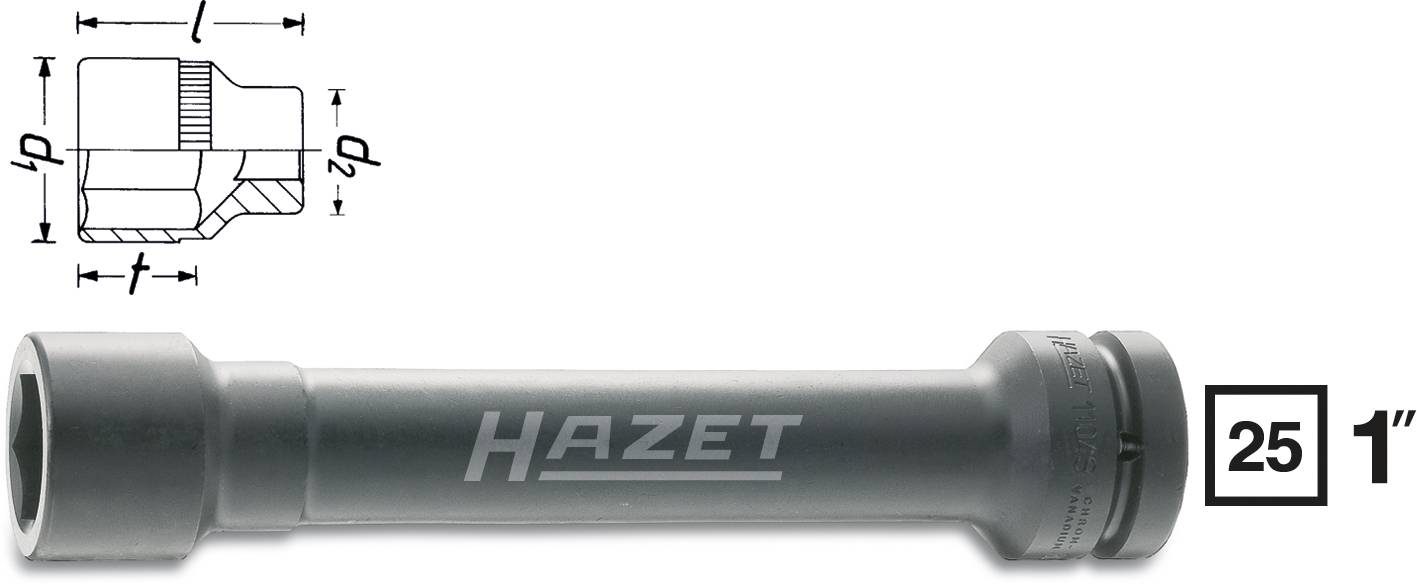Langer Hazet-Schlagschrauber-Steckschlüsseleinsatz mit 25 mm Durchmesser und 1 Zoll Antrieb, technische Zeichnung oben links.