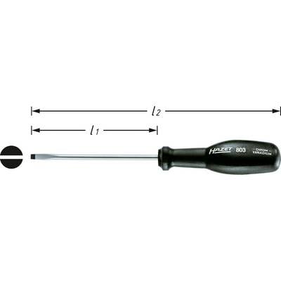 Schraubendreher mit flachem Schlitz, schwarz-grauem Griff. Markierung 'Hazet 803 Chrom-Vanadium'. Maße l1 und l2 gekennzeichnet.