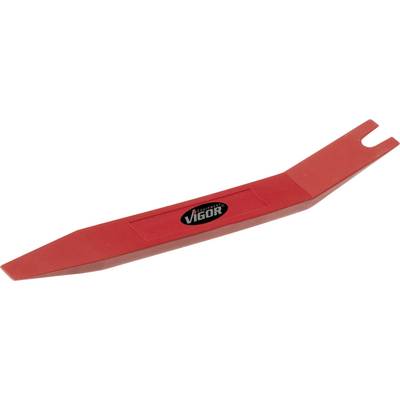 Rotes Kunststoffwerkzeug mit der Aufschrift 'VIGOR', verwendet zum Entfernen von Leisten oder Clips in Fahrzeugen.