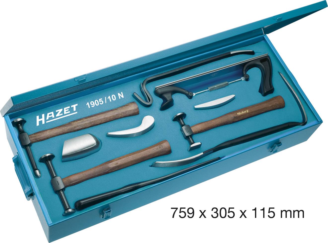 Blechbearbeitungs-Werkzeugsatz in blauem Koffer, beinhaltet Hämmer und Hammerformen. Maße: 759 x 305 x 115 mm. Markenname 'Hazet'.