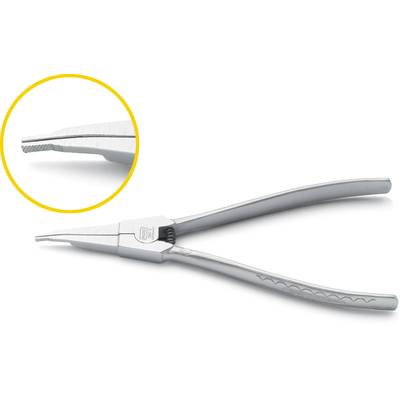 Langnasige Flachzange aus Metall mit geriffeltem Griff und Spitze für präzise Arbeiten. Vergrößerung der feinen Riffelung an der Greiffläche.