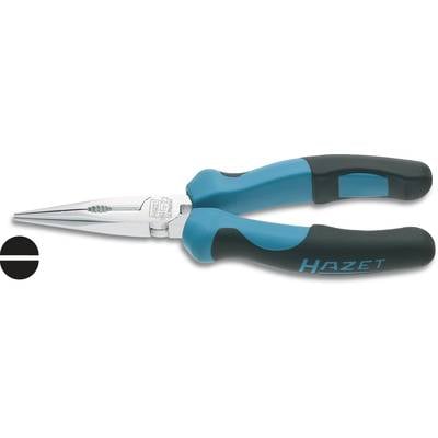 Lange Spitzzange mit blauem Griff und schwarzem Einsatz, links neben einem schwarzen Symbol. Werkzeug von Markenhersteller.