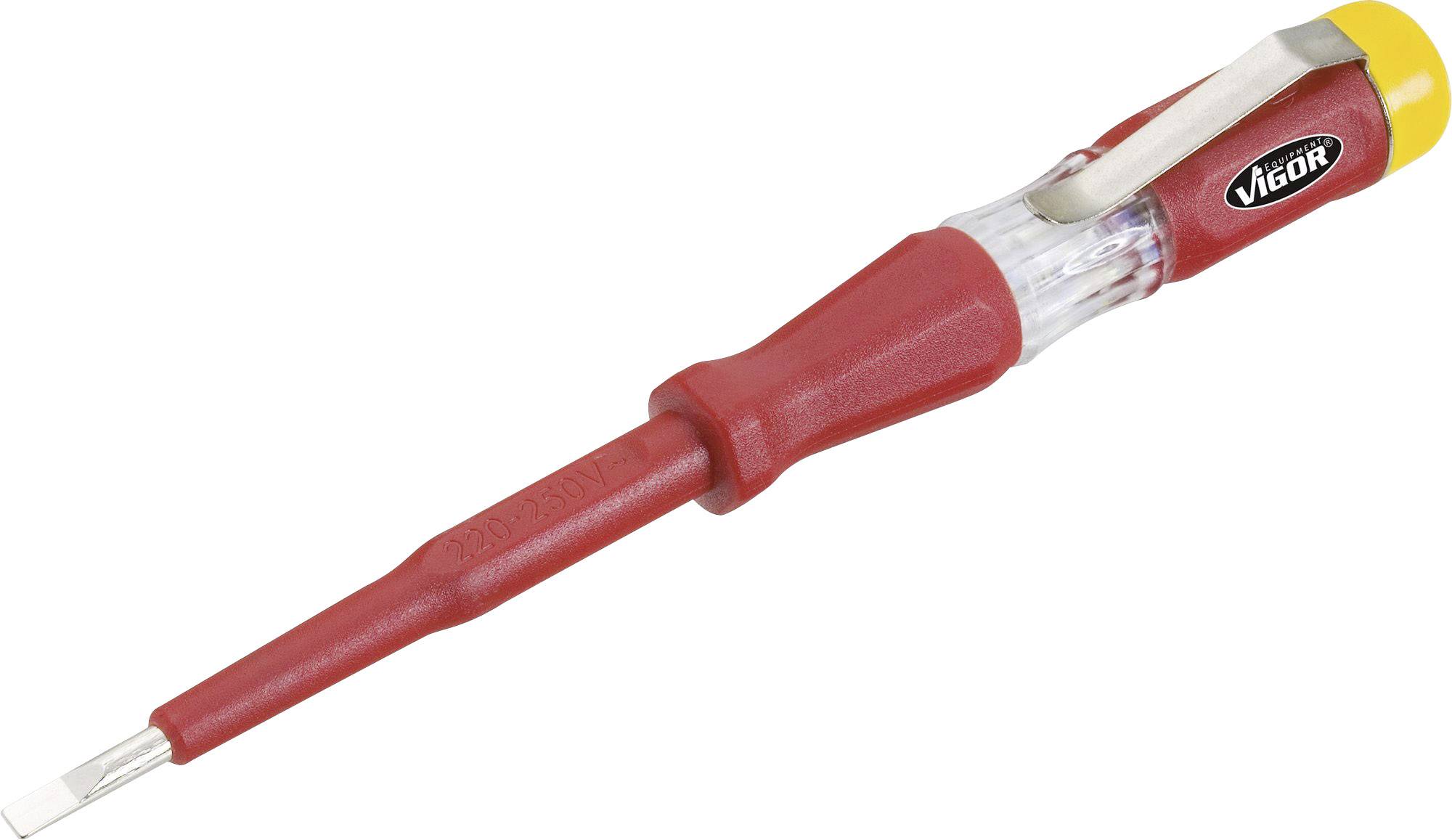Roter Phasenprüfer mit durchsichtigem Griffteil und Klemme. Essentiell für elektrische Spannungsprüfungen in Leitungen und Geräten.