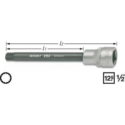 Steckschlüssel-Einsatz mit langem Schaft, Marke Hazet, Modell 2751. Maße: l1 und l2. Made in Germany. Profil und Größe 12,5“ ½“.