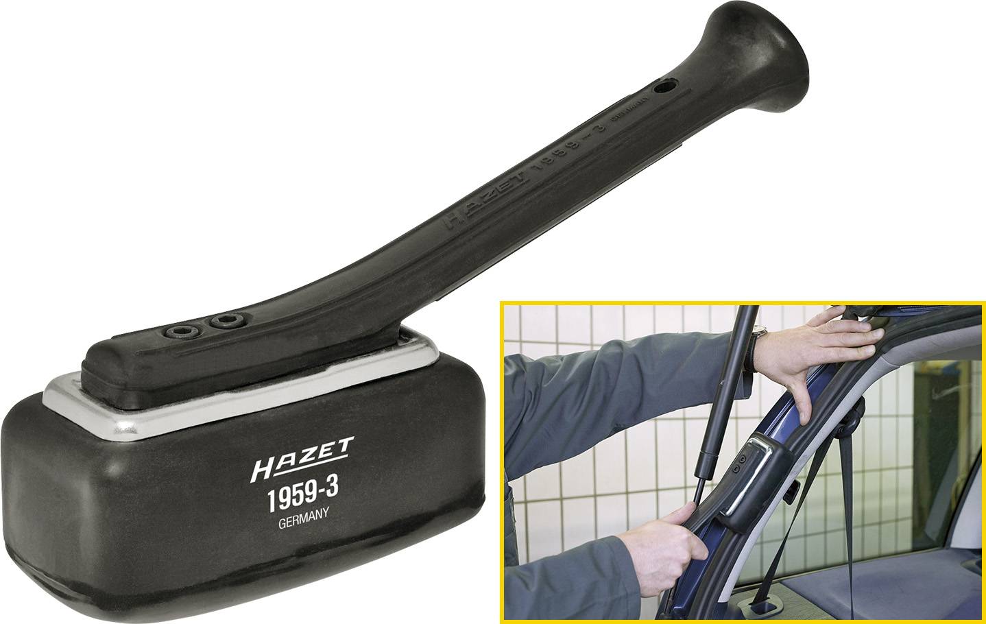 'Hazet 1959-3 GERMANY' Hammer mit Kunststoffgriff und Metallkopf zum Einsetzen von Autofenstern. Bild zeigt Anwendung am Fahrzeug.