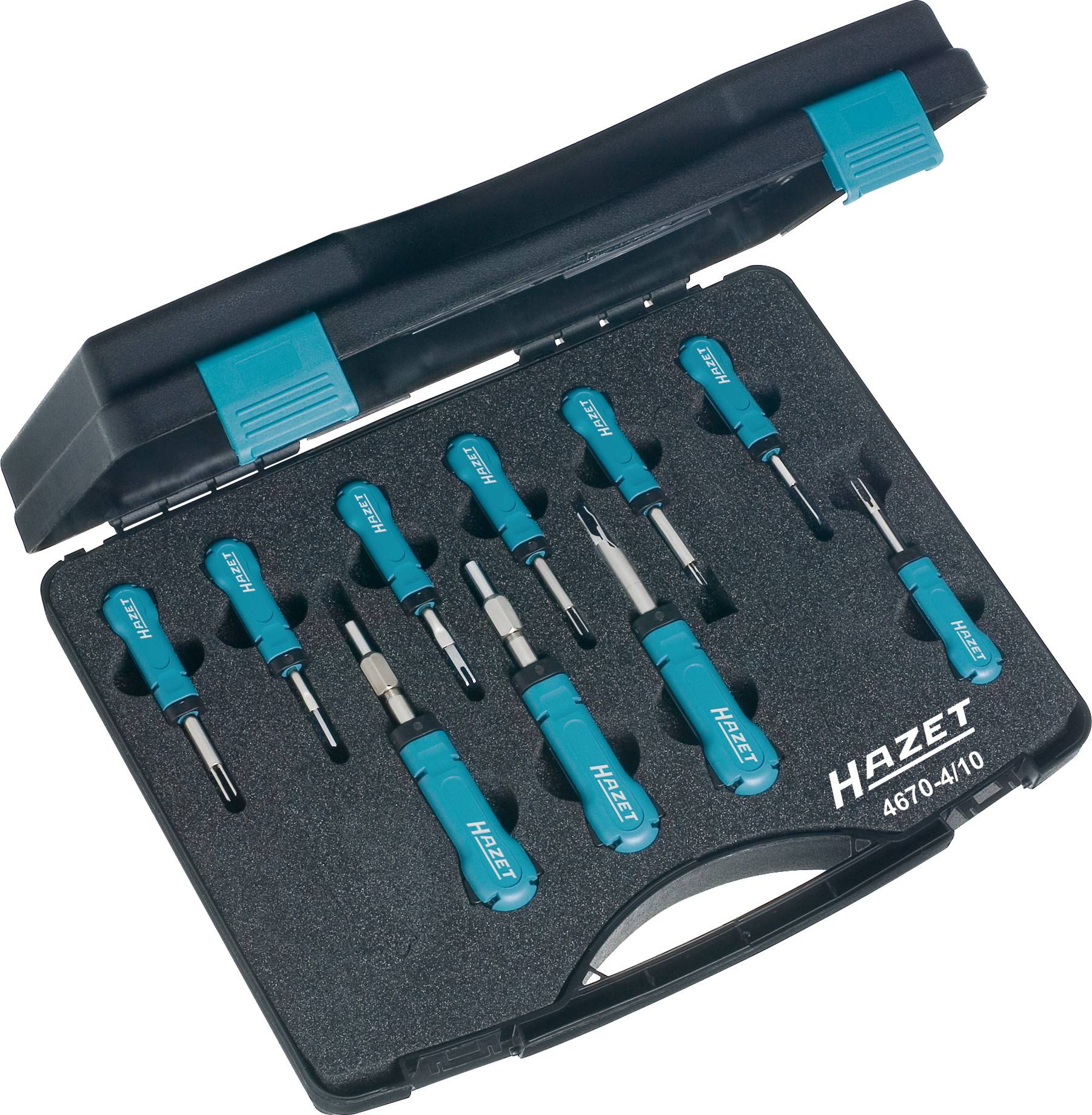 Werkzeugkasten mit mehreren Torx-Schraubendrehern in verschiedenen Größen, alle mit blauem Griff, in schwarzem Etui.