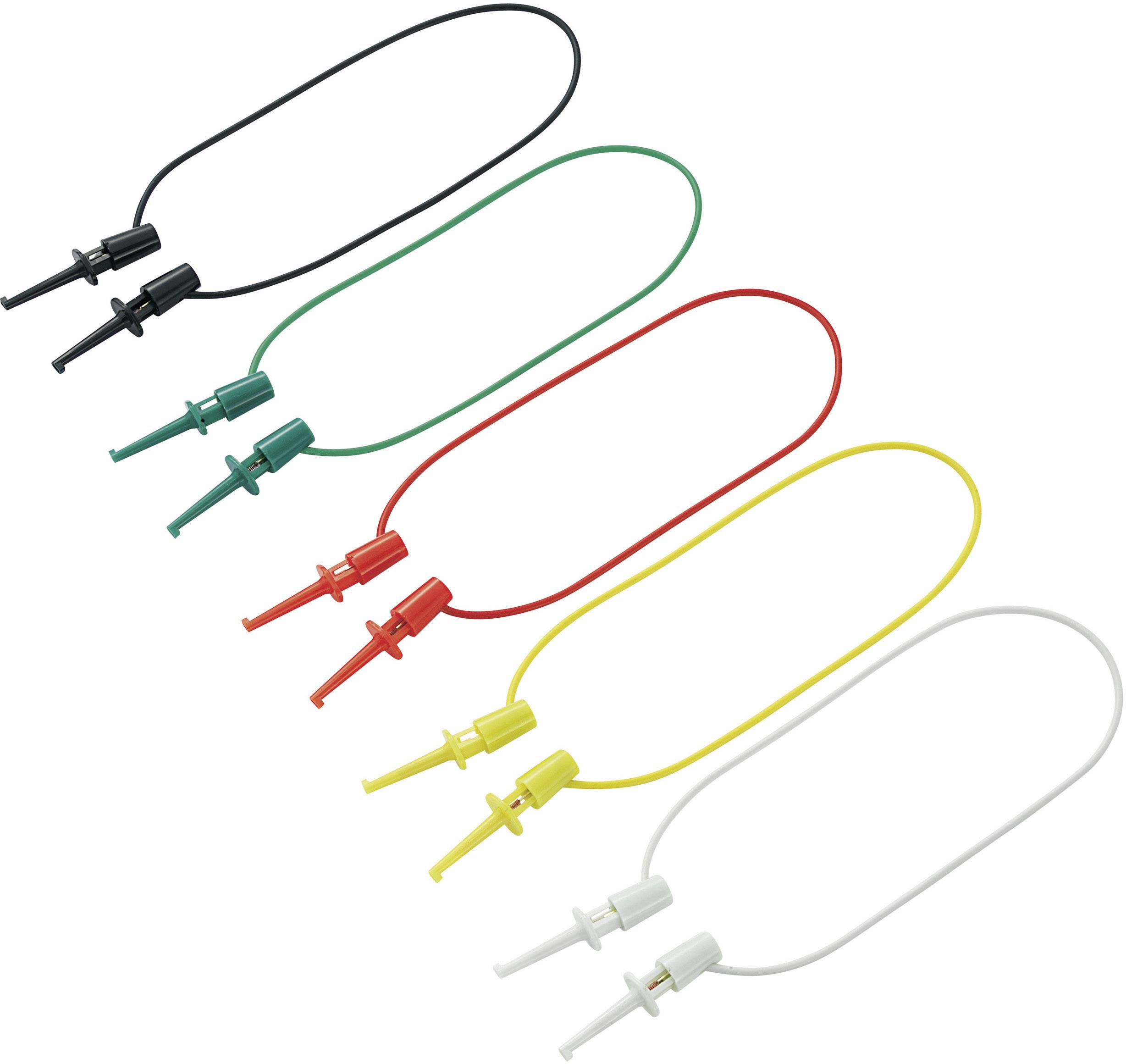 Fünf farbige Testkabel mit Krokodilklemmen: schwarz, grün, rot, gelb, weiß. Sie sind lose in unterschiedlichen Längen angeordnet.