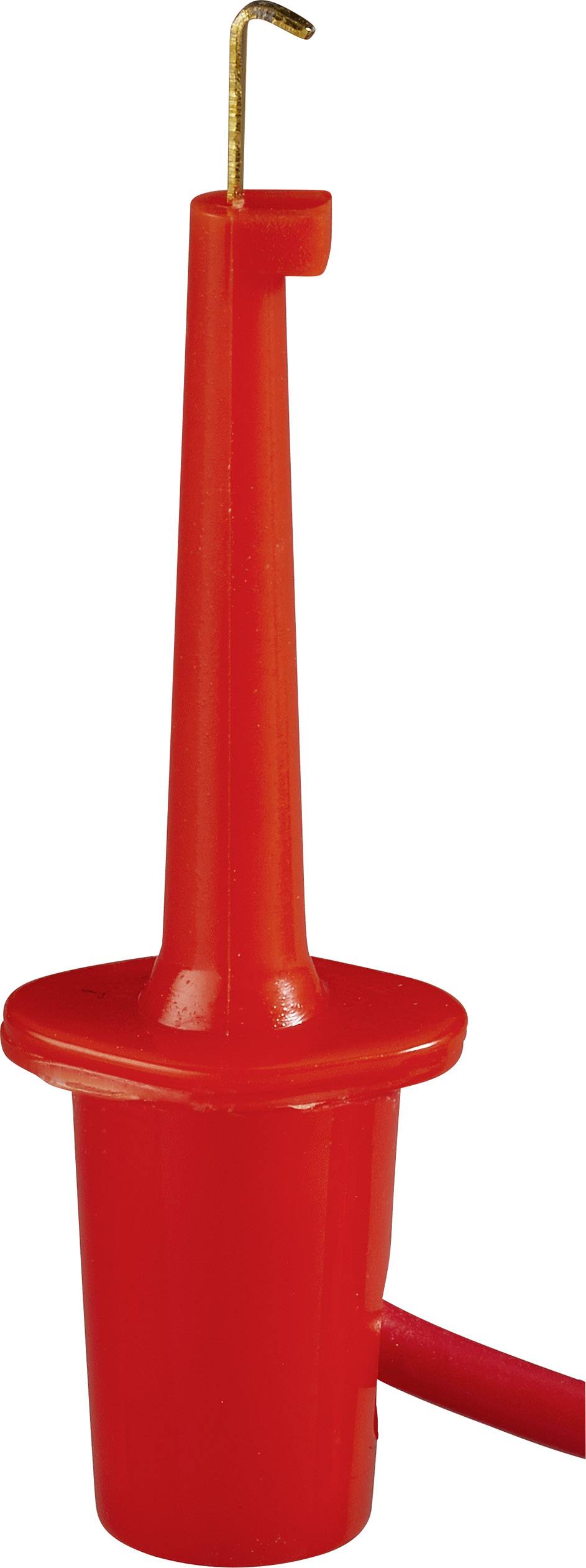 Roter Prüfclip mit Metallhaken, geeignet für elektronische Testgeräte.