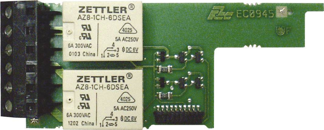 Zwei Zettler-Relais auf einer grünen Leiterplatte. Oben steht 'ECC0945'. Eignung für 5A, 250V Wechselstrom. Made in China.