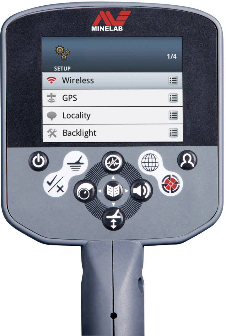 Ein Metalldetektor-Display zeigt vier Menüoptionen: 'Wireless', 'GPS', 'Locality' und 'Backlight'. Oben ist das Firmenlogo sichtbar.