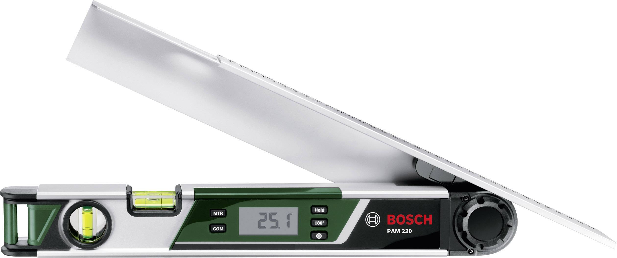 Digitaler Neigungsmesser von Bosch, Modell PAM 220, zeigt einen Winkel von 25,1 Grad an. Integrierte Wasserwaage zur Nivellierung.