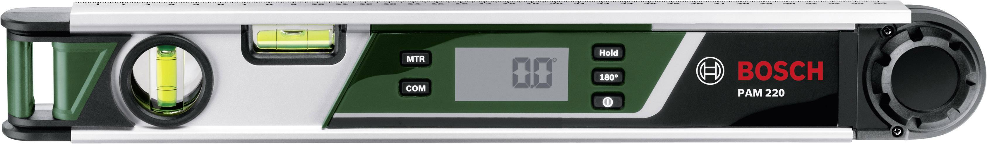 Elektronischer Neigungsmesser von Bosch, Modell PAM 220, zeigt 0,0 Grad an. Zwei Libellen und ein digitales Display sind sichtbar.