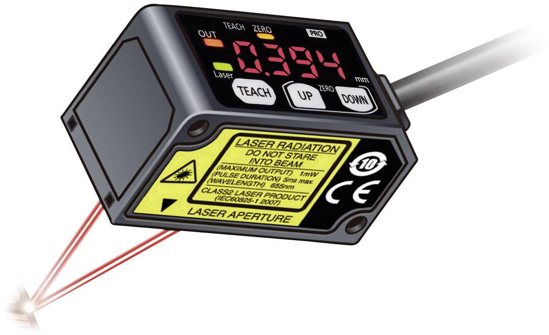 Ein Laserentfernungssensor misst exakt 0,394; Warnhinweise zur Lasersicherheit auf der Oberfläche des Geräts angebracht.