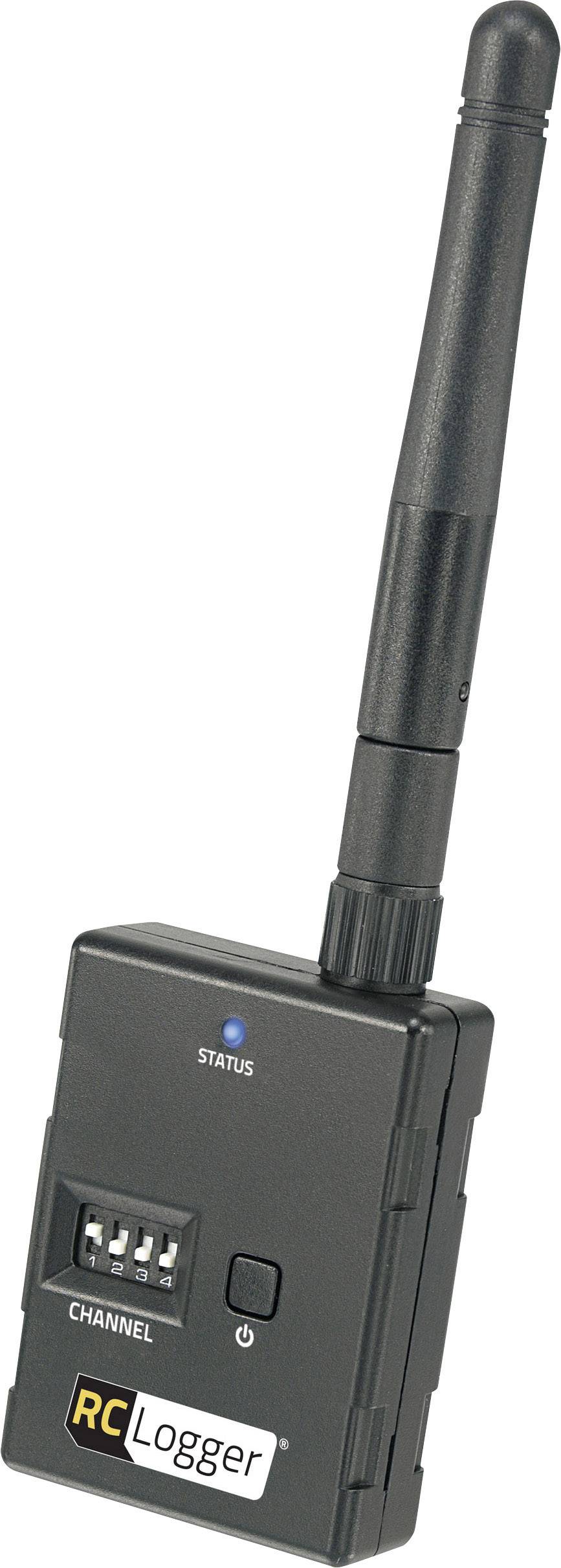 Ein RC Logger Gerät mit Antenne und 'STATUS'-Anzeige. Schalter für Kanalwahl befindet sich vorne.