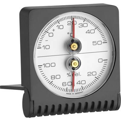 Ein analoges Hygrometer mit einer runden Skala zeigt die prozentuale Luftfeuchtigkeit an. Die Skala reicht von 0% bis 100%.