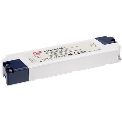Ein weißes rechteckiges LED-Netzteil mit blauem Ende, Modell 'PLM-40-1400', von Mean Well, liegt auf der Seite, zeigt technische Spezifikationen.