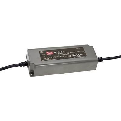 Ein rechteckiges elektrisches Netzteil mit Beschriftung und zwei Kabeln an den Enden. Steckdosenkompatibel, Modell 'NPF-60-24'.