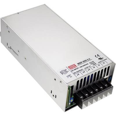 Ein Metall-Netzteil-Modul mit Lüftungsschlitzen und Anschlüssen für Stromkabel. Modellnummer 'MSP-600-12'.