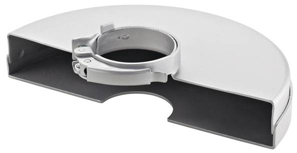 Ein metallisches Schutzgehäuse mit Befestigungsring für Werkzeuge, genutzt zur Sicherheit bei Schleifarbeiten.