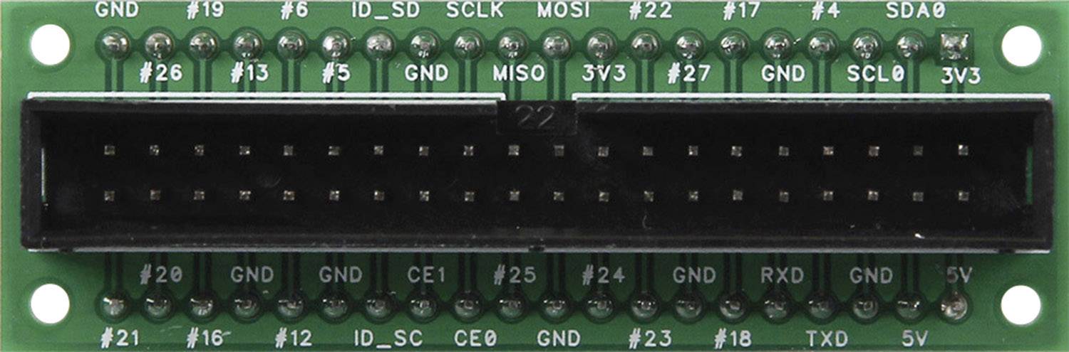 'Raspberry Pi GPIO-Adapterplatine mit Pins und Bezeichnungen für verschiedene Anschlüsse wie GND, 3V3, 5V, SCLK, MOSI.'