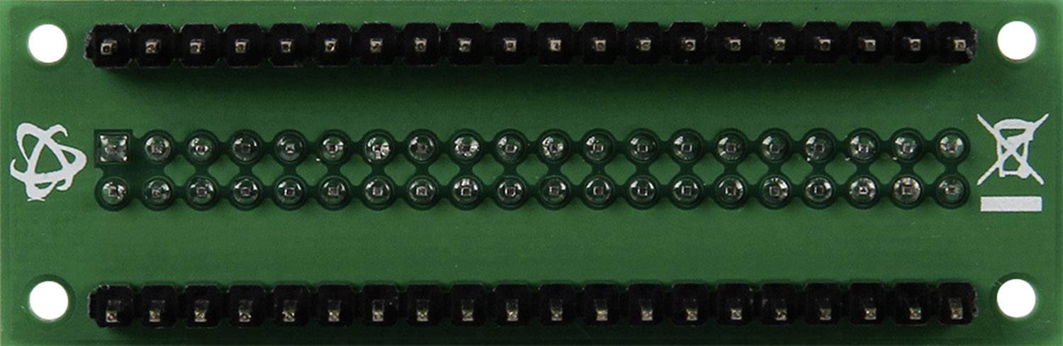 Grüne elektronische Leiterplatte mit zwei Reihen schwarzer Pins, ein gezeichnetes Symbol links und ein Recycling-Symbol rechts.