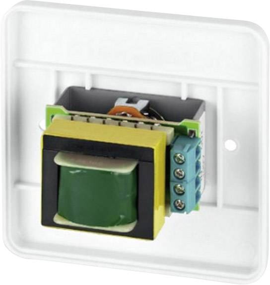 Ein Elektrotransformator eingebaut in eine weiße Wandhalterung mit grünen und gelben Komponenten und verschiedenen Anschlussklemmen.