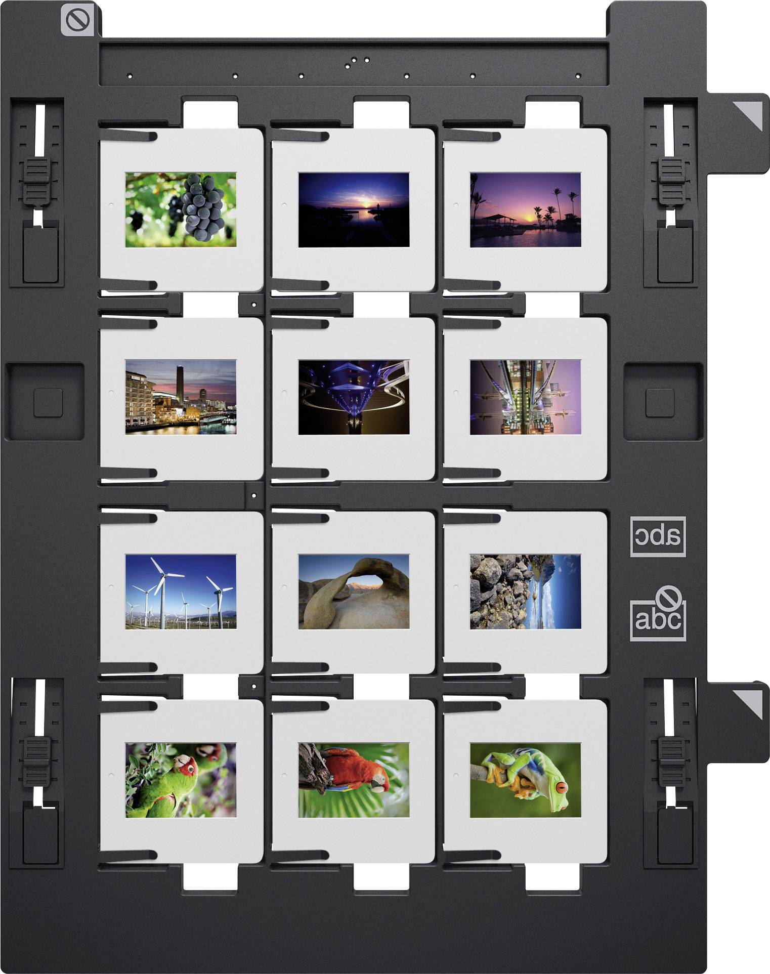 Ein Diarahmenhalter mit 15 Dias, die Natur- und Technologiebilder zeigen, darunter Landschaften, Architektur und Pflanzen.