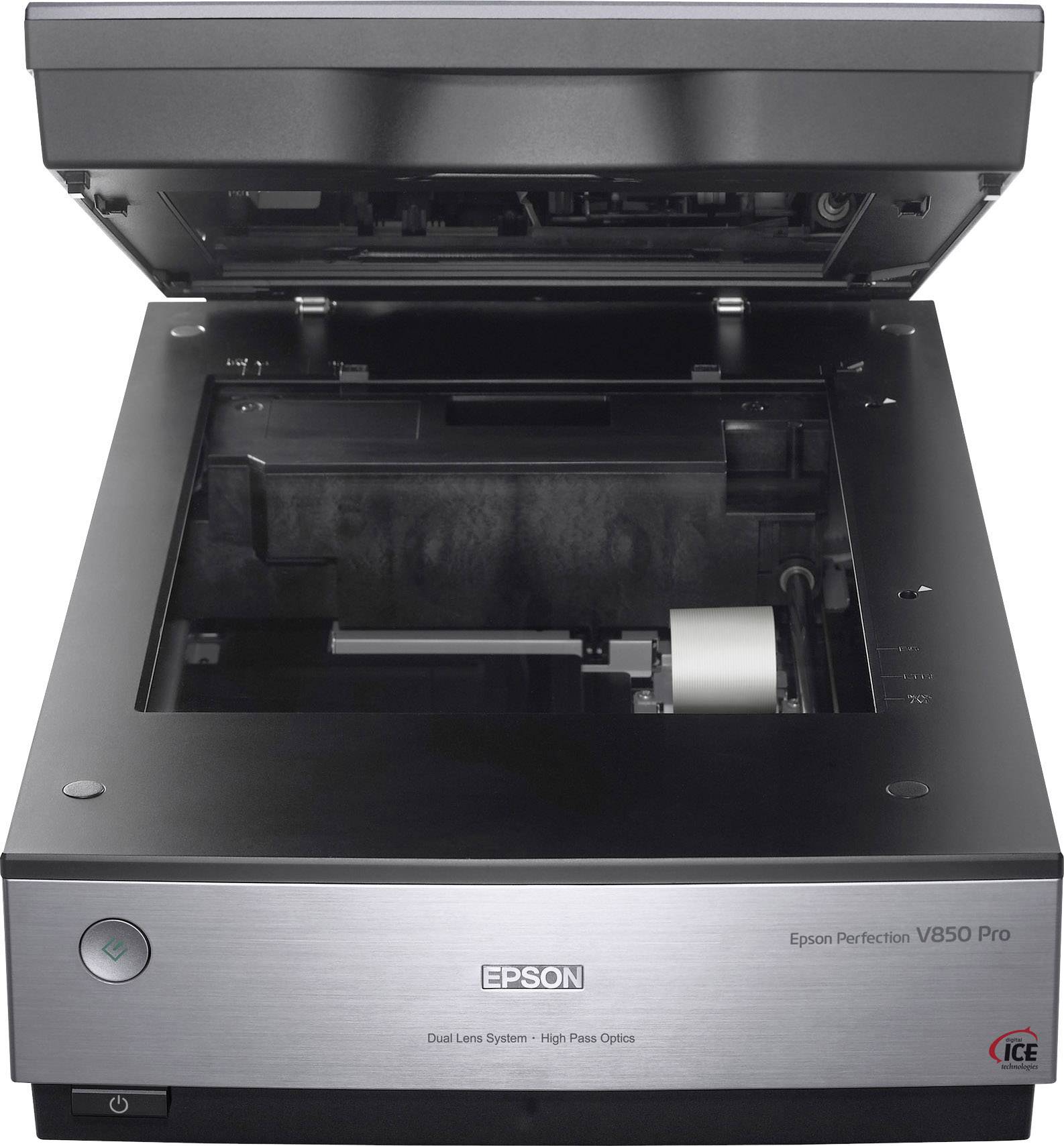 Ein geöffneter Epson-Scanner vom Typ Perfection V850 Pro, der die Scaneinheit und das Modell auf der Vorderseite zeigt.