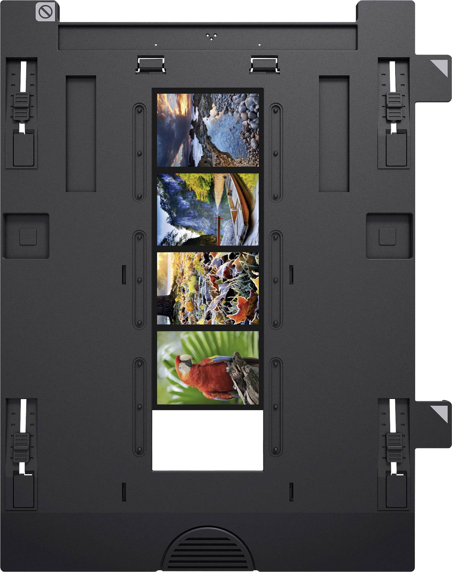 Ein schwarzer Scanneraufsatz zeigt fünf detaillierte Farbfotos: ein Sonnenuntergang, Landschaft, Vulkanausbruch, Ladung Paprika und ein roter Vogel.