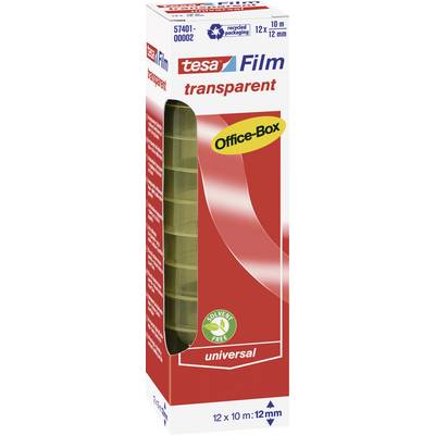 'Rolle Tesa Film transparent in einer roten Office-Box, recyclingfähig und lösemittelfrei, 12mm x 10m, geeignet für universellen Gebrauch.'