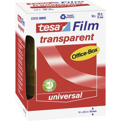 Eine rote Verpackung mit der Aufschrift 'tesa Film transparent Office-Box universal', 10 Rollen à 66m Klebeband, lösemittelfrei.