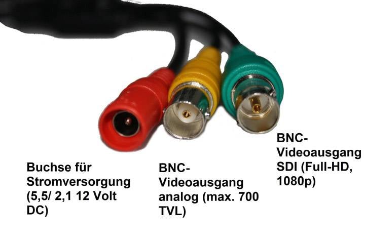 'Drei Stecker mit Beschriftung: Buchse für Stromversorgung, BNC-Videoausgang analog, BNC-Videoausgang SDI (Full-HD, 1080p).'