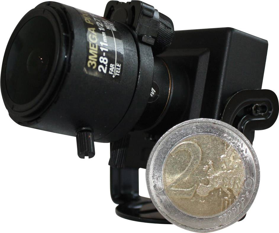 Digitalkamera mit festem Objektiv neben einer 2-Euro-Münze als Größenvergleich.